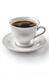 Elegant white coffee cup filled with dark brew on saucer studio shot on white background