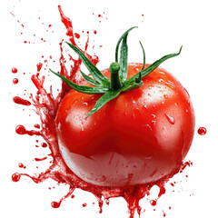 Fresh red tomato splashing in juice isolated on transparent background