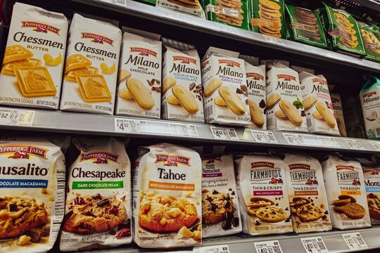 Minneapolis, USA - August 29, 2025: A variety of Pepperidge Farm cookies available for purchase on store shelves. The brand is a subsidiary of the Campbell Soup Company. For Editorial Use Only.