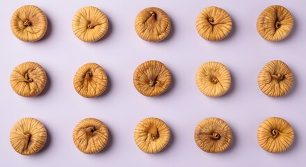 Pattern of Dried Figs Arranged in Rows on a Light Purple Background, Healthy Natural Snack