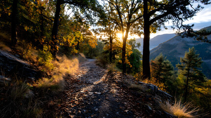 Fototapeta premium Autumn trees with golden leaves lining a mountain tril under the soft glow of arm sunlight.