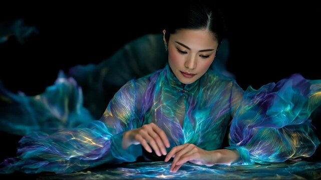AI Empowered Micro Jobs: Asian Woman Engaging with Futuristic Data and Digital Light Interface