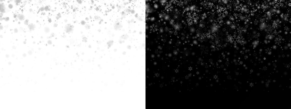 Night snowfall PNG abstract texture. White snowflakes falling on black, isolated effect for overlays, holiday backdrop, and photo editing. Realistic winter design in PNG format.