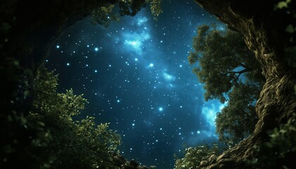Obraz premium Panoramic Vista Of The Forest And Night Sky Through A Natural Frame?> View Through Forest'S Window Into Starlit Night Sky - A Majestic Display Of Nature'S Beauty
