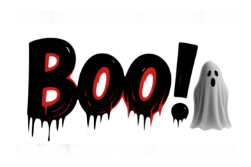 Black Boo Text with Red Accents and Dripping Effect Next to White Ghost Illustration
