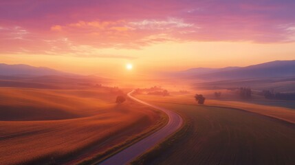 Fototapeta premium Sunrise over winding road in a golden field, aerial view, beautiful landscape