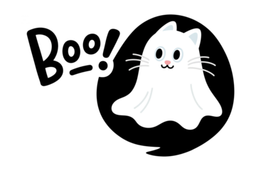 Cartoon Ghost Cat with Boo Text on Black Circle for Halloween Celebration image