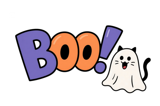 Cartoon Halloween design with " B O O!" text and a cat ghost character on a striped background