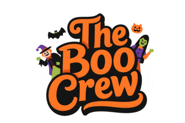 Halloween Boo Crew Graphic with Witch Bat Pumpkin and Ghost Cartoon Characters illustration