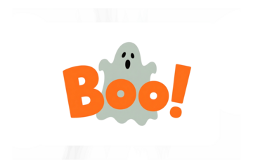 Halloween Boo! Orange Text and Ghost Illustration on White Background with Green and Black Border