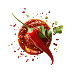Spicy red chili pepper with tomato sauce and herbs isolated on transparent background