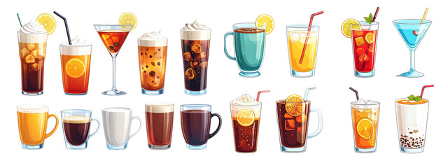 Minimal Vector Beverages Icon Pack Coffee, Tea, Soft Drink, Cocktail on a transparent background PNG