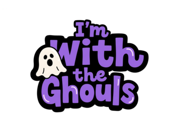 Halloween Graphic with Ghost and " I'm With the Ghouls" Text in Purple and Black on White