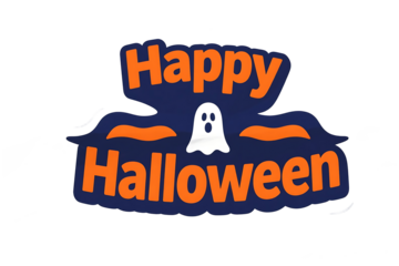 Happy Halloween Text with Ghost Illustration in Orange and Blue on a Striped Background