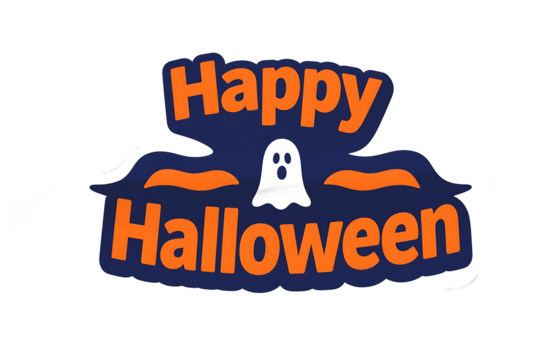 Happy Halloween Text with Ghost Illustration in Orange and Blue on a Striped Background
