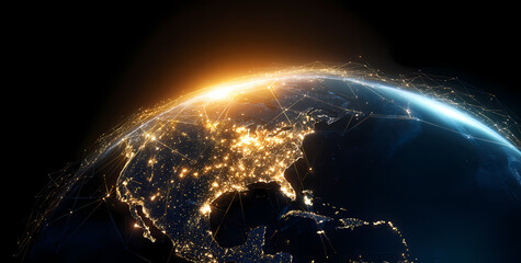 Digital Network Connections Across Earth at Sunrise