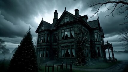 Eerie mansion under stormy sky, perfect for horror films or suspenseful mystery video backdrops