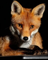 Fototapeta premium Portrait of a Red Fox Looking at the Camera with Intense Eyes on Black Background Studio Shot Wildlife
