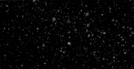 Snowflake Falling snow isolated. Gentle fall of natural Snowflakes, realistic winter effect. PNG. Christmas background. Falling snowflakes on black background, Overlay effect. 