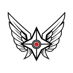 Black and white stylized star with red circle and wings emblem geometric symbol