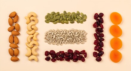 Nutritious assortment of dried fruits and seeds arranged in neat rows on a light background.