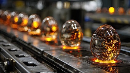 Molten glass orbs on a conveyor belt (1)