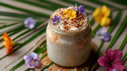 Tropical Smoothie Delight in a Glass Jar, Adorned with Edible Flowers.