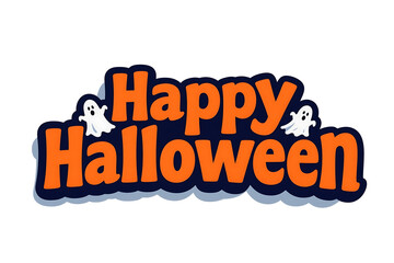 Orange Happy Halloween Text with White Ghosts on a Dark Blue Background lettering