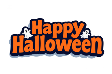 Orange Happy Halloween Text with White Ghosts on a Dark Blue Background lettering