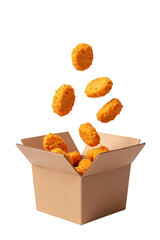 Crispy chicken nuggets falling into takeout box, showcasing delicious and appetizing snack. Perfect for fast food lovers and casual dining