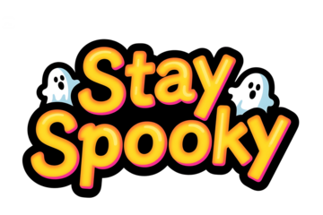 Stay Spooky" Text Graphic with Ghosts in Yellow Orange and Pink Colors on Black Background