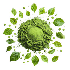 Green matcha powder and leaves arranged in a circle isolated on transparent background