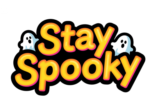Stay Spooky" Text Graphic with Ghosts in Yellow Orange and Pink Colors on Black Background