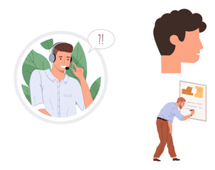 Customer agent with headset speaking, person writing on board, side profile of a face. Ideal for communication, teamwork, customer service, planning, education user profile feedback. Simple flat