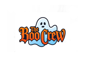 The Boo Crew Logo Featuring a Ghost and Orange Text on a White Background with Black Borders