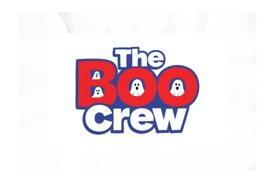 The Boo Crew Halloween graphic with ghost illustrations in a red and blue logo design