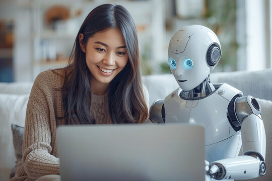Woman and AI humanoid robot work together and collaborating while looking at a laptop, symbolizing AI partnership help job