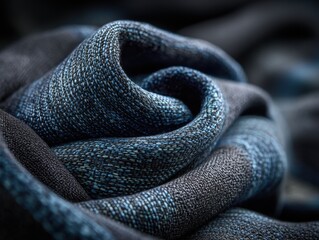 Fototapeta premium Close-up of folded blue and gray woven fabric creating a textured abstract pattern in studio lighting, showcasing textile detail and color variations
