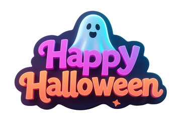 3D Happy Halloween Text with Ghost Illustration in Purple Orange and Blue Colors
