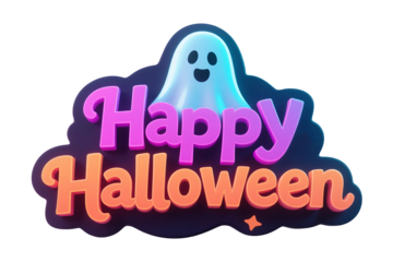 3D Happy Halloween Text with Ghost Illustration in Purple Orange and Blue Colors
