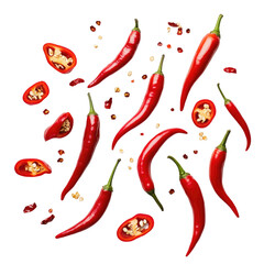 Fresh red chili peppers and slices isolated on transparent background