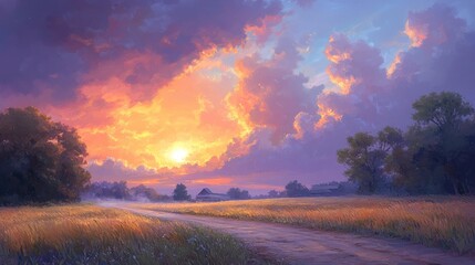 Fototapeta premium Rural sunset over golden field. Possible stock photo use