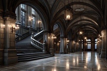 Grand staircase in ornate gothic hall with chandeliers