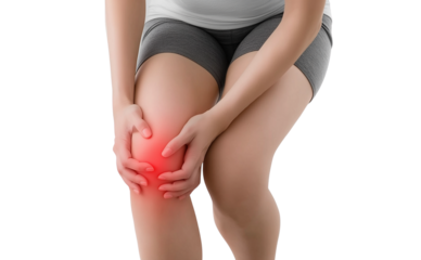 Person suffering from pain on transparent background, cutout, medical health concept