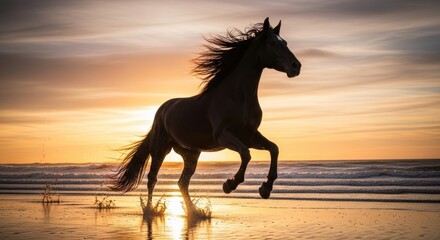 Majestic black horse galloping on a beach at sunset