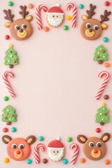 Fototapeta premium Christmas card background. Festive flatlay of Christmas cookies: reindeer, Santa, trees, candy canes and colorful candies forming a decorative frame on a pastel background.