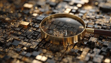 Golden magnifying glass over a complex network of dark and gold squares