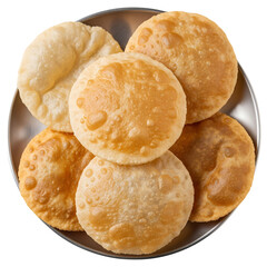 Fototapeta premium Golden fried puri bread piles on a metal plate