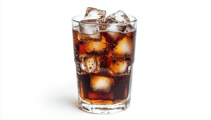 Refreshing Beverage: Glass Of Cola With Ice Cubes On White Background. Cool And Crisp Refreshment For A Hot Summer Day.
