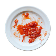 Dirty white plate with remnants of red sauce isolated on transparent background